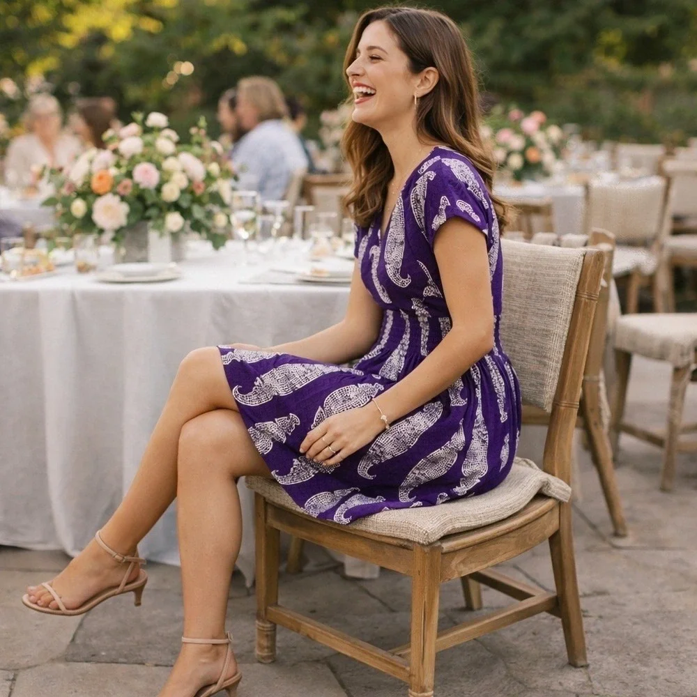 Tory Burch Purple Silk Paisley Smocked Waist V-Neck Dress Size S‎ Garden Party